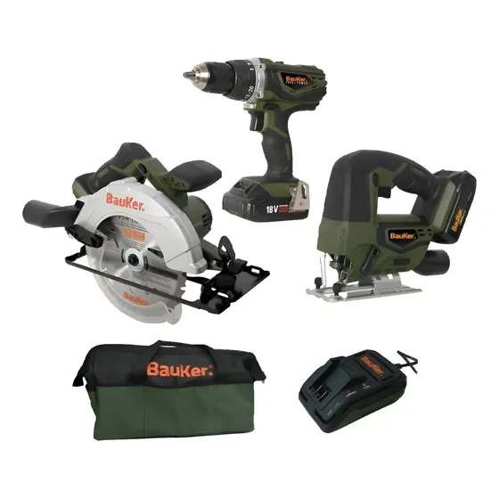 Sierra Circular + Taladro + Caladora Bauker 18v + Accesorios 1 Sierra Circular + Taladro + Caladora Bauker 18v + Accesorios